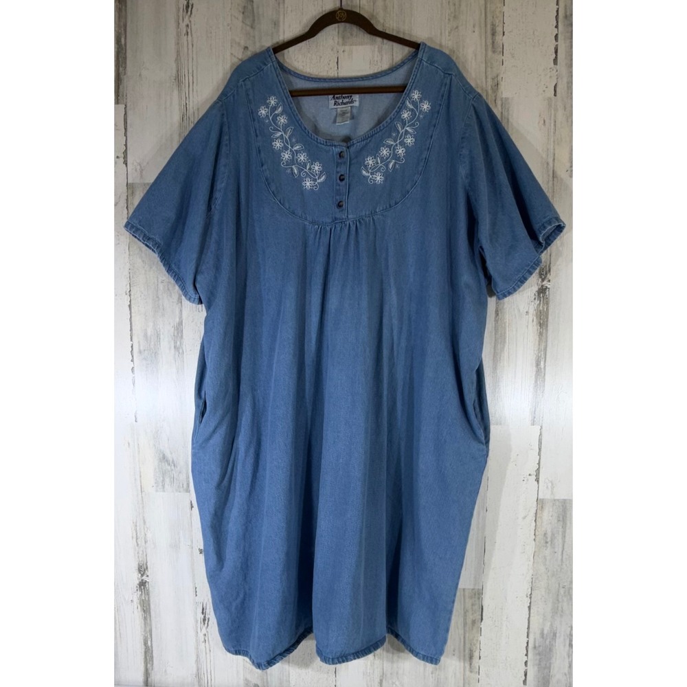 Anthony Richards Denim House Patio Dress 4X Blue Floral Embroidered Pockets